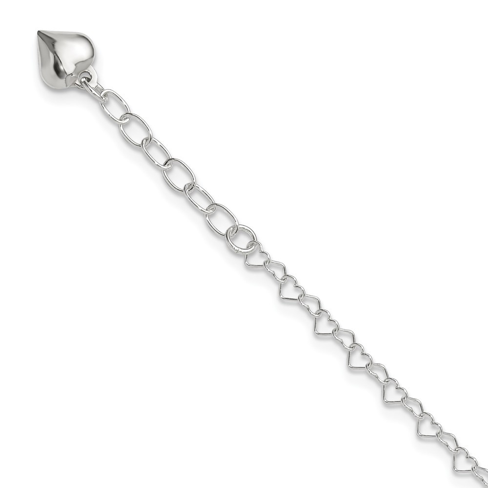 925 Sterling Silver Polished Puffed Heart Charm 9" + 1" ext. Fine Jewelry Anklet